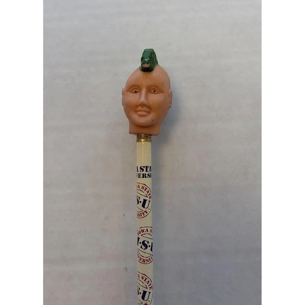 Vintage Pencil Topper Rubber Punk Mohawk Head Iowa State University ISU Souvenir